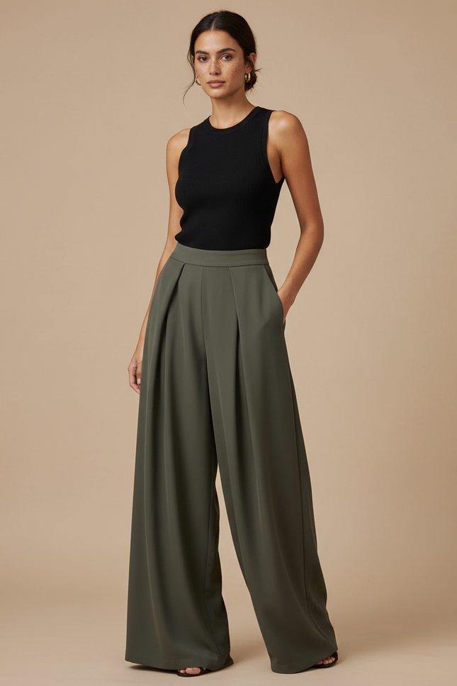 Pantalon Fluide Plissé Vert - Kaki Polyester