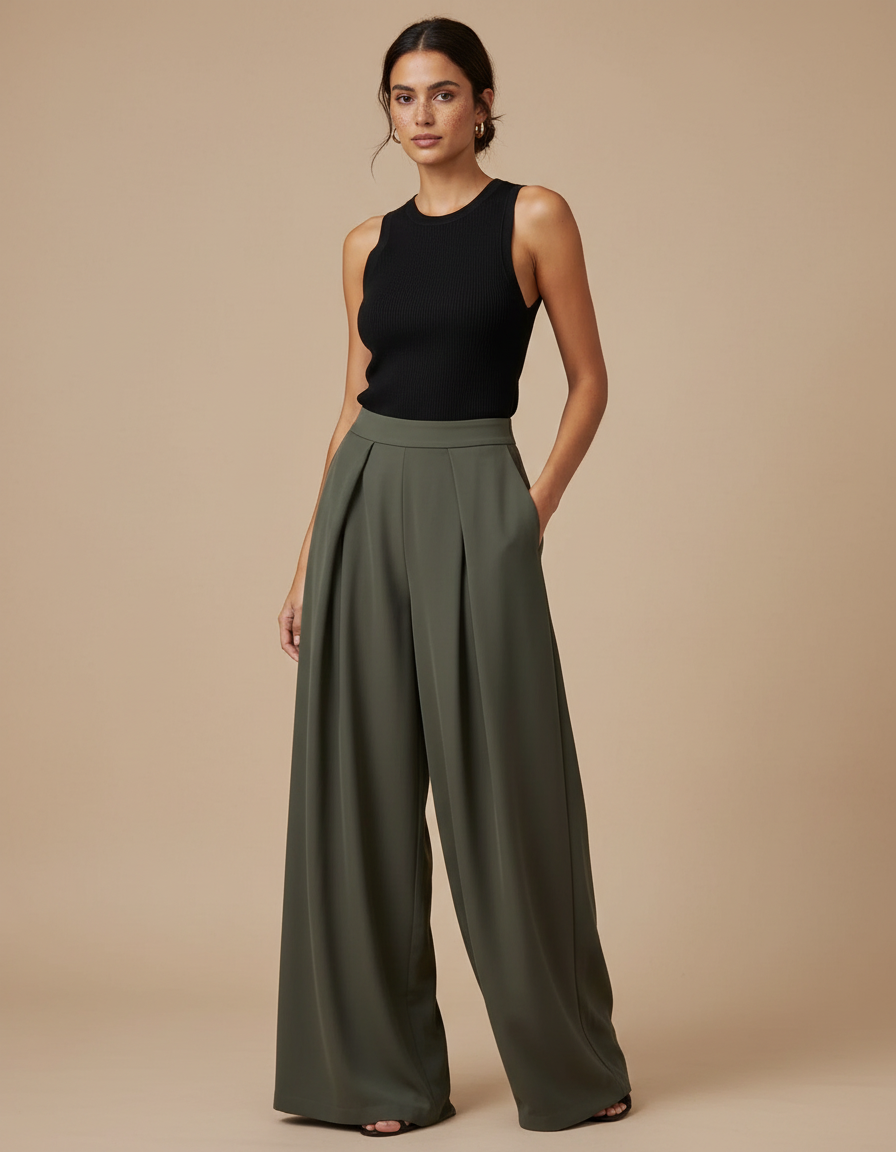 Pantalon Fluide Plissé Vert - Kaki Polyester