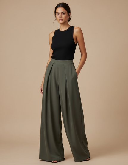 Pantalon Fluide Plissé Vert - Kaki Polyester