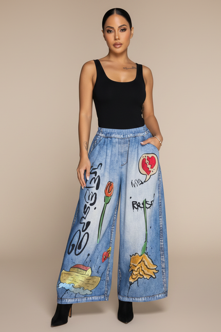 Pantalon Fluide Denim Imprimé Graffiti Ample Décontracté - Bleu Jean