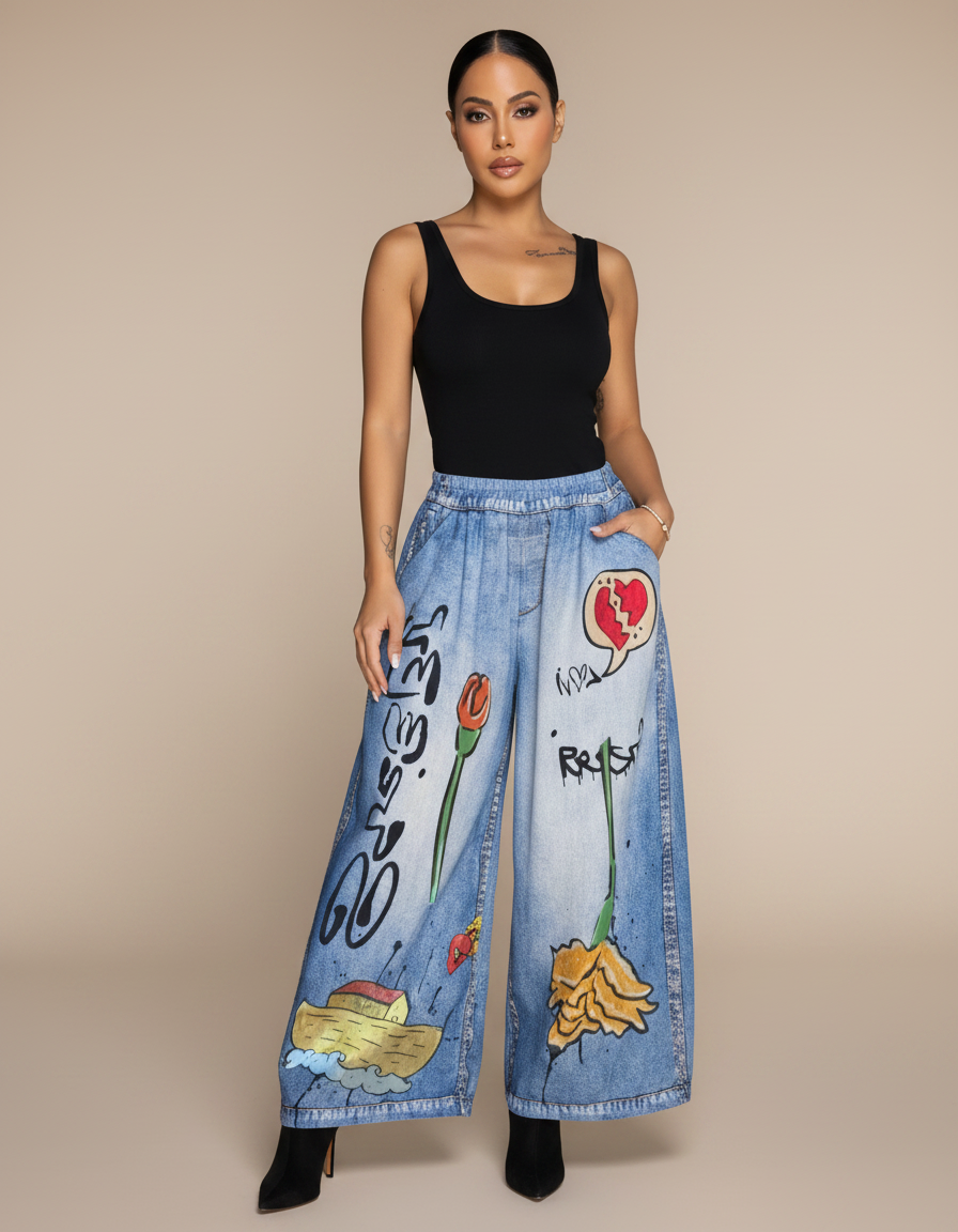 Pantalon Fluide Denim Imprimé Graffiti Ample Décontracté - Bleu Jean