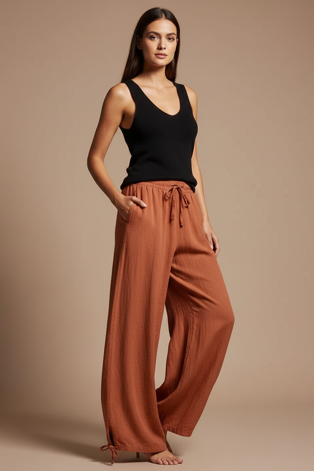 Pantalon Fluide Marron Ample Coton Lin Cordon
