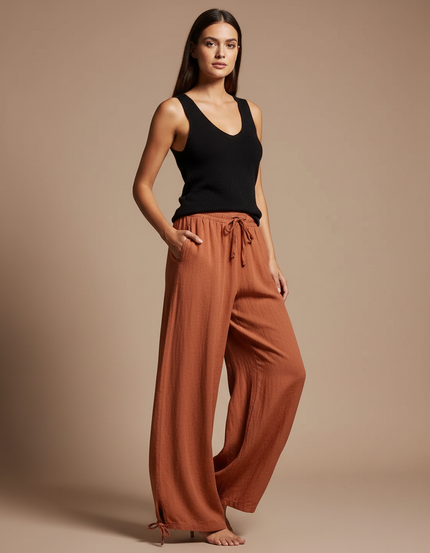 Pantalon Fluide Marron Ample Coton Lin Cordon