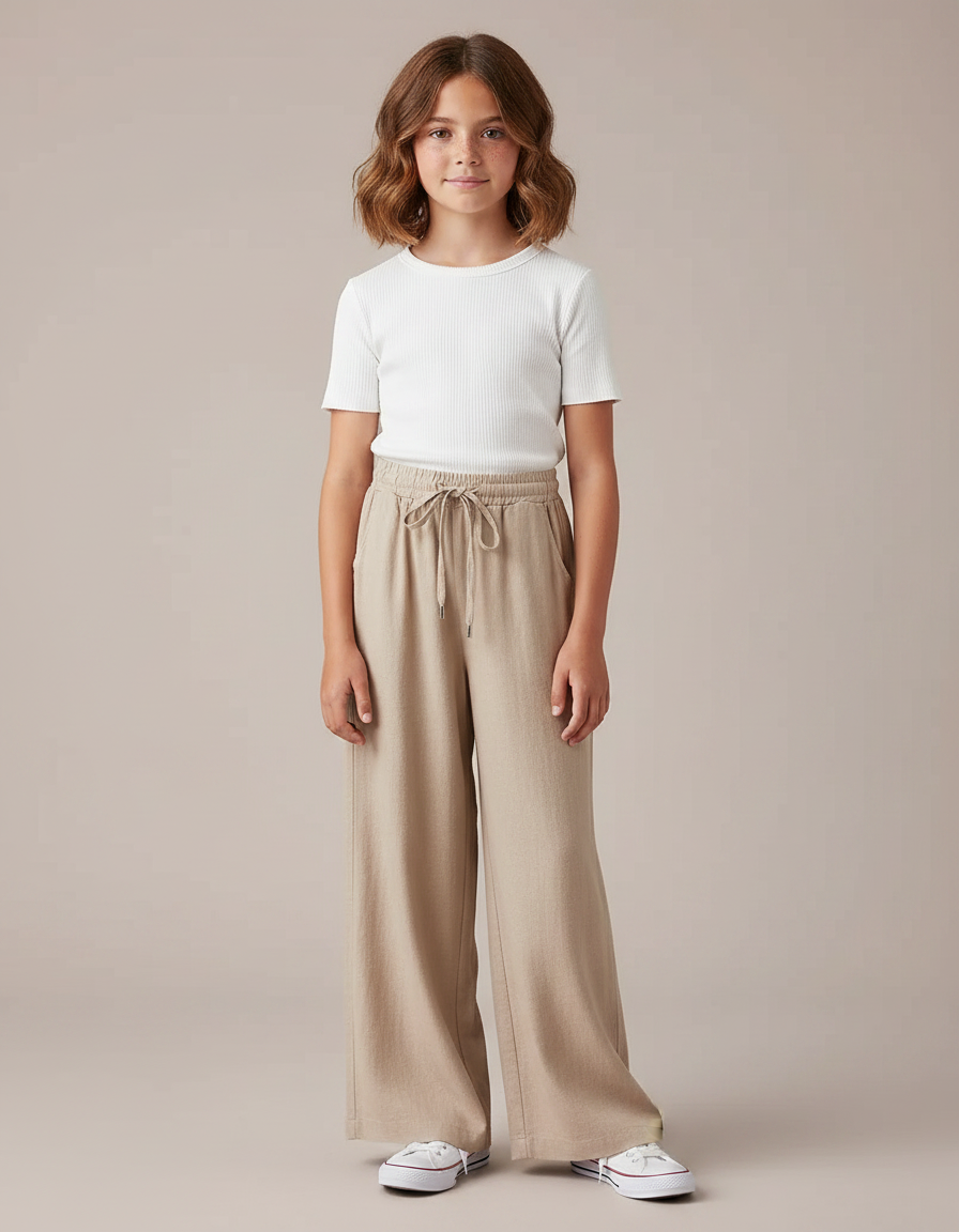Pantalon Fluide Beige Cordon Ample Casual Fille - Maille