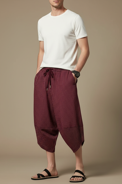 Pantalon Fluide Rayé Bordeaux Ample Coton Lin