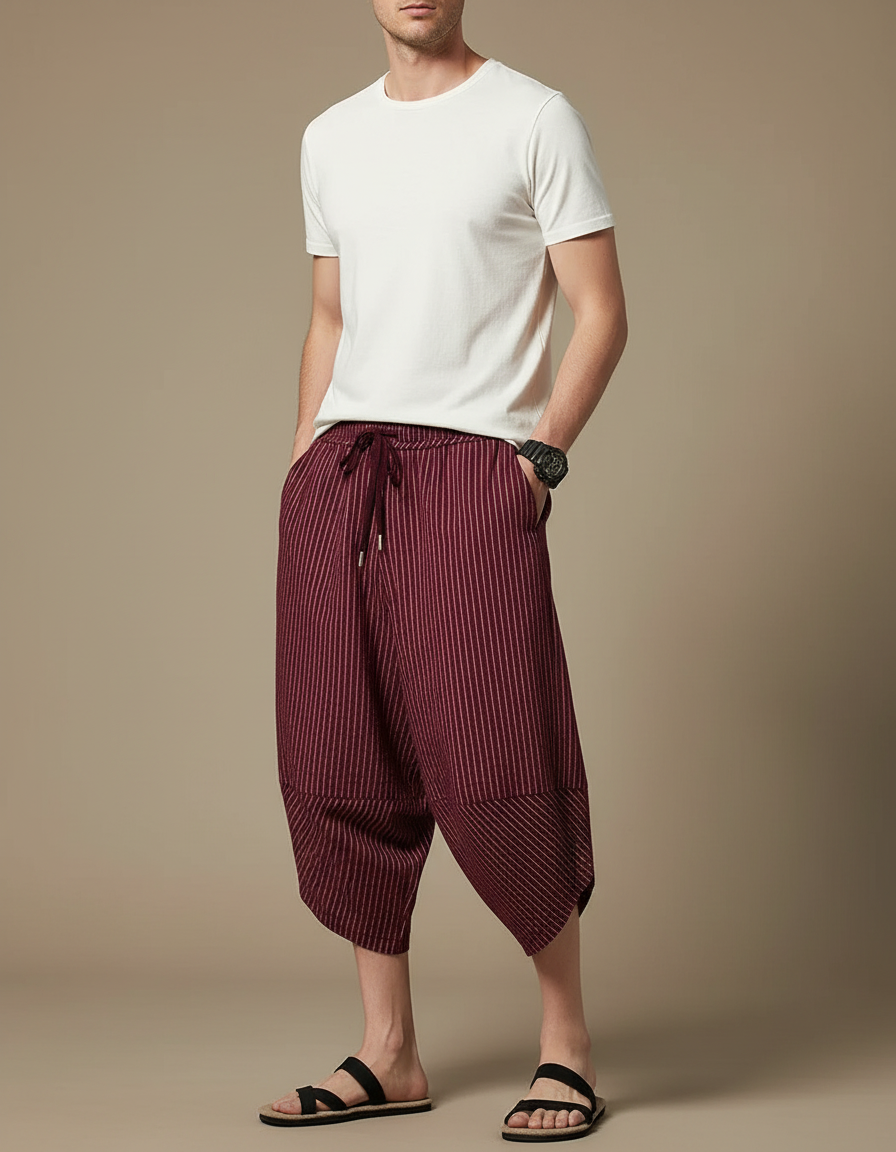 Pantalon Fluide Rayé Bordeaux Ample Coton Lin