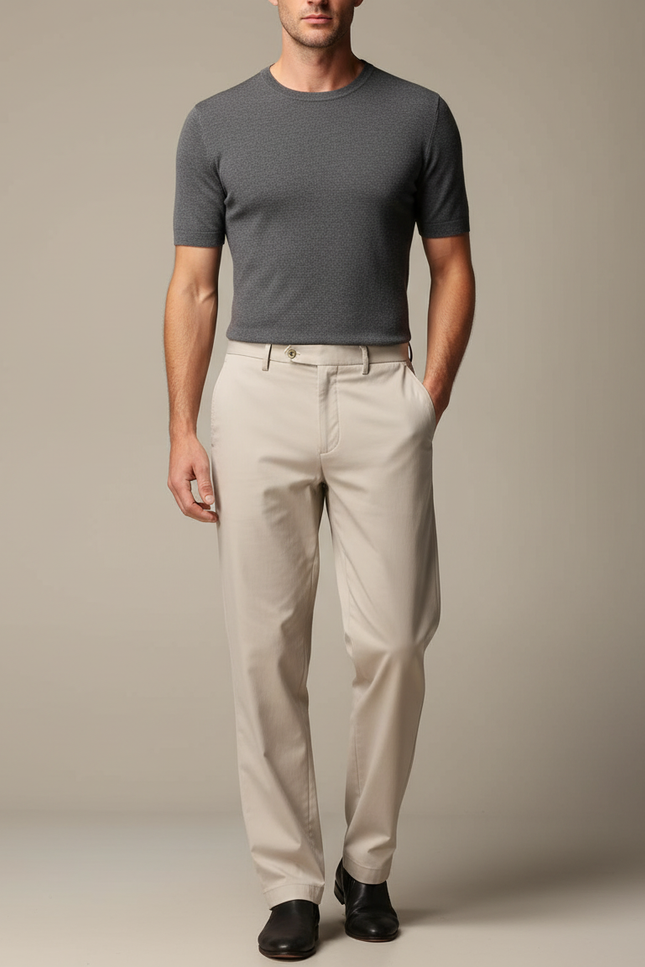 Pantalon Fluide Beige Coton Droit Décontracté Homme