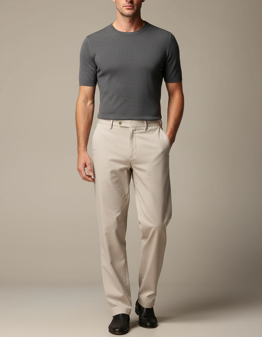 Pantalon Fluide Beige Coton Droit Décontracté Homme