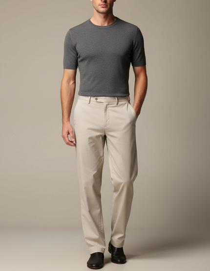 Pantalon Fluide Beige Coton Droit Décontracté Homme