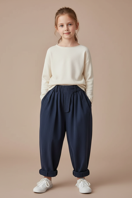 Pantalon Fluide Bleu Marine Ample Coton Enfant Décontracté