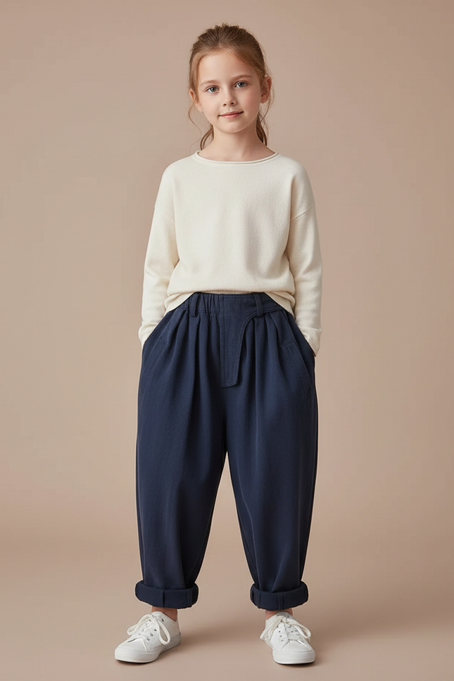 Pantalon Fluide Bleu Marine Ample Coton Enfant Décontracté