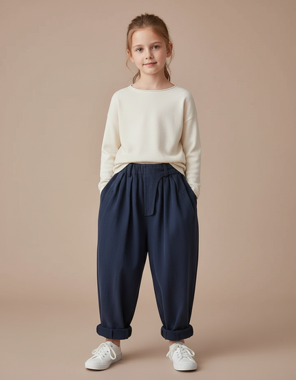 Pantalon Fluide Bleu Marine Ample Coton Enfant Décontracté