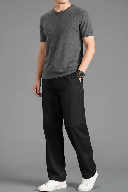 Pantalon Fluide Homme Noir Coupe Ample Viscose Été - Polyester