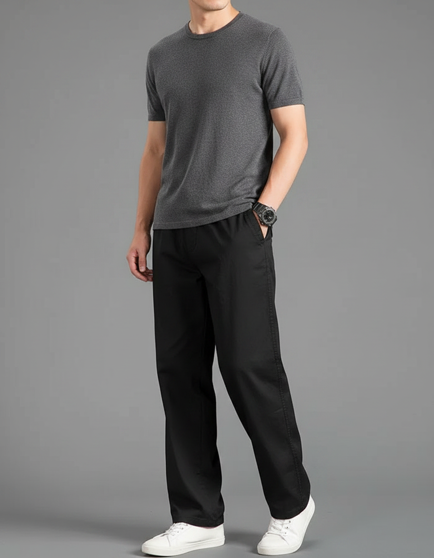 Pantalon Fluide Homme Noir Coupe Ample Viscose Été - Polyester
