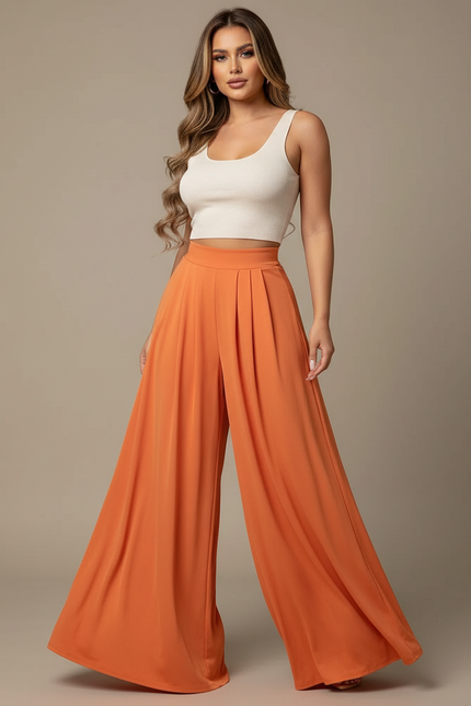 Pantalon Fluide Orange Plissé Ample Taille Haute - Polyester