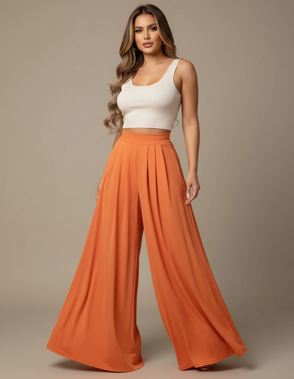 Pantalon Fluide Orange Plissé Ample Taille Haute - Polyester
