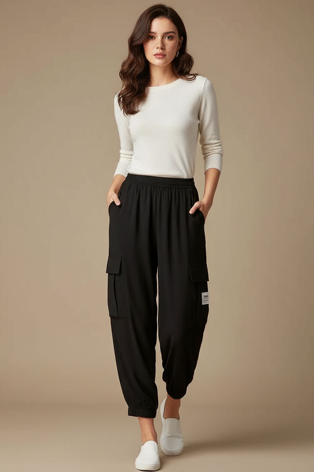 Pantalon Fluide Noir Cargo Ample Décontracté - Viscose