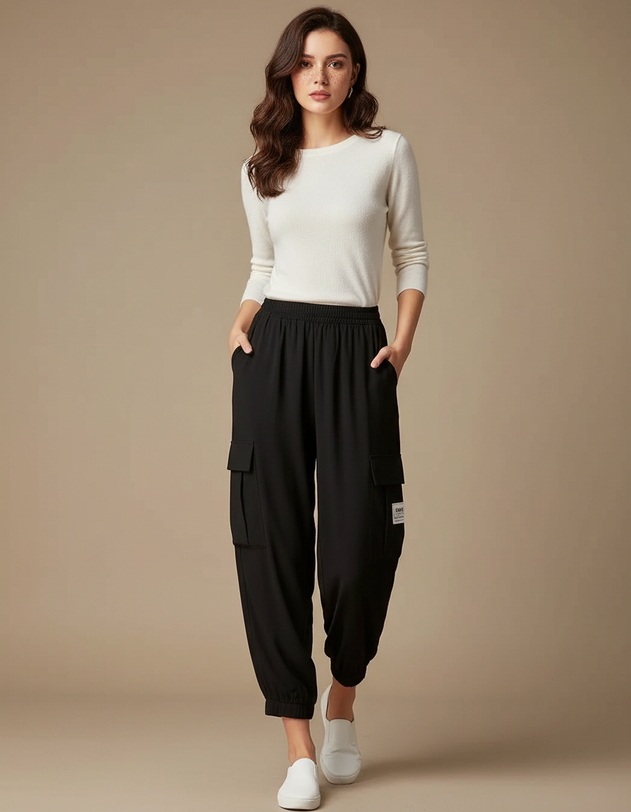 Pantalon Fluide Noir Cargo Ample Décontracté - Viscose