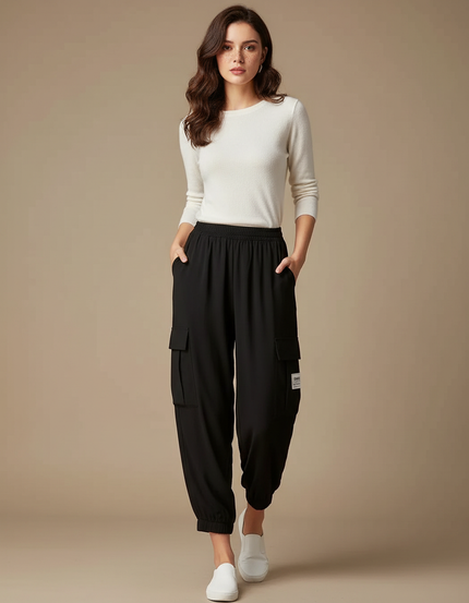 Pantalon Fluide Noir Cargo Ample Décontracté - Viscose
