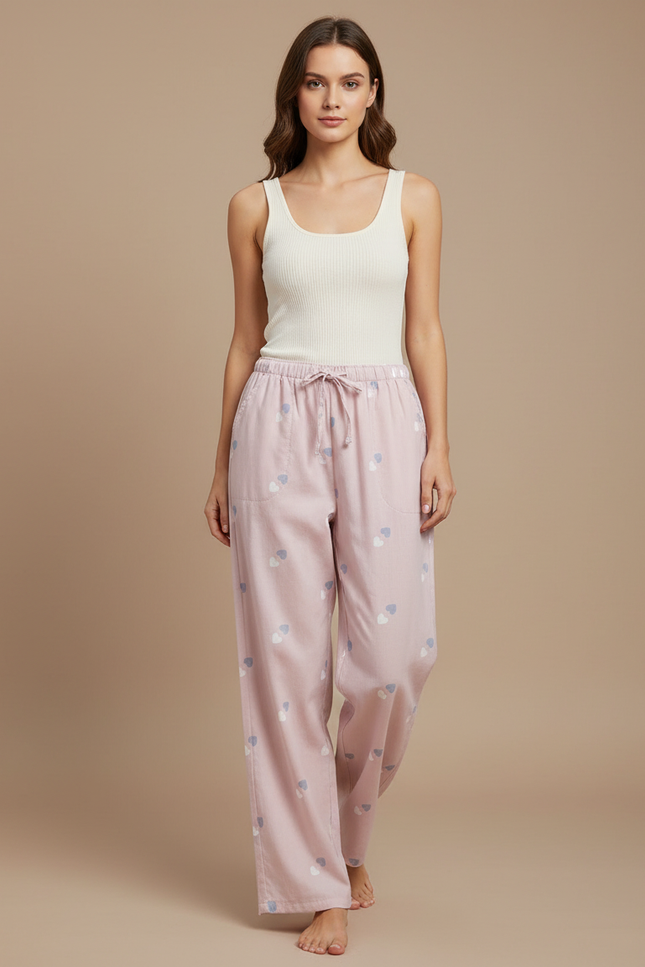 Pantalon Fluide Rose Coton Imprimé Cœurs Décontracté Femme