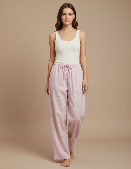 Pantalon Fluide Rose Coton Imprimé Cœurs Décontracté Femme