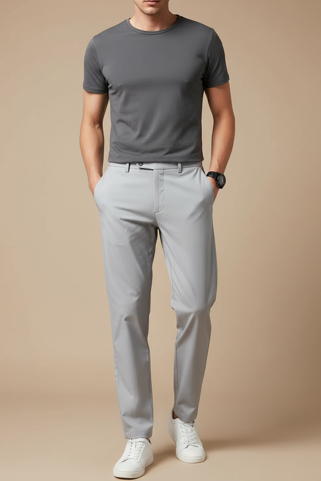 Pantalon Fluide Gris Clair Droit Décontracté Homme - Polyester
