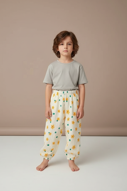 Pantalon Fluide Écru Fleuri Ample Léger Enfant - Beige Coton