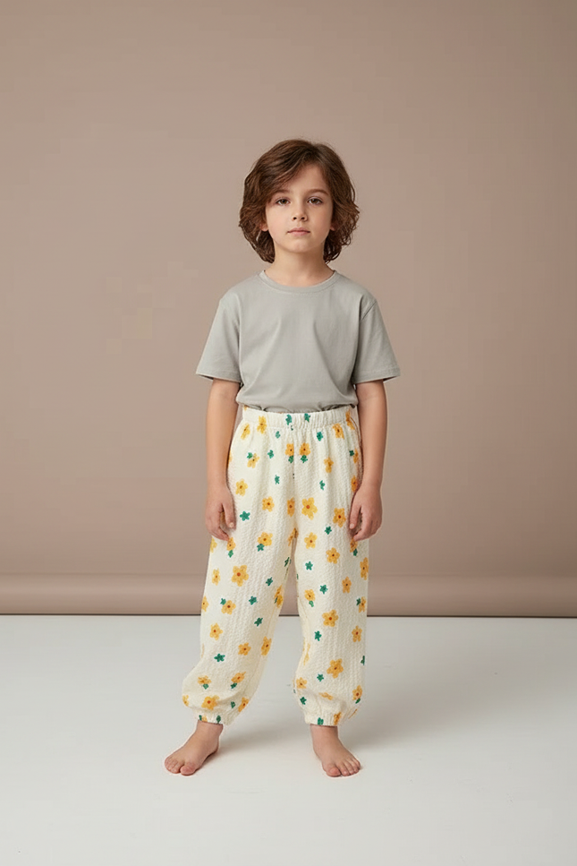 Pantalon Fluide Écru Fleuri Ample Léger Enfant - Beige Coton