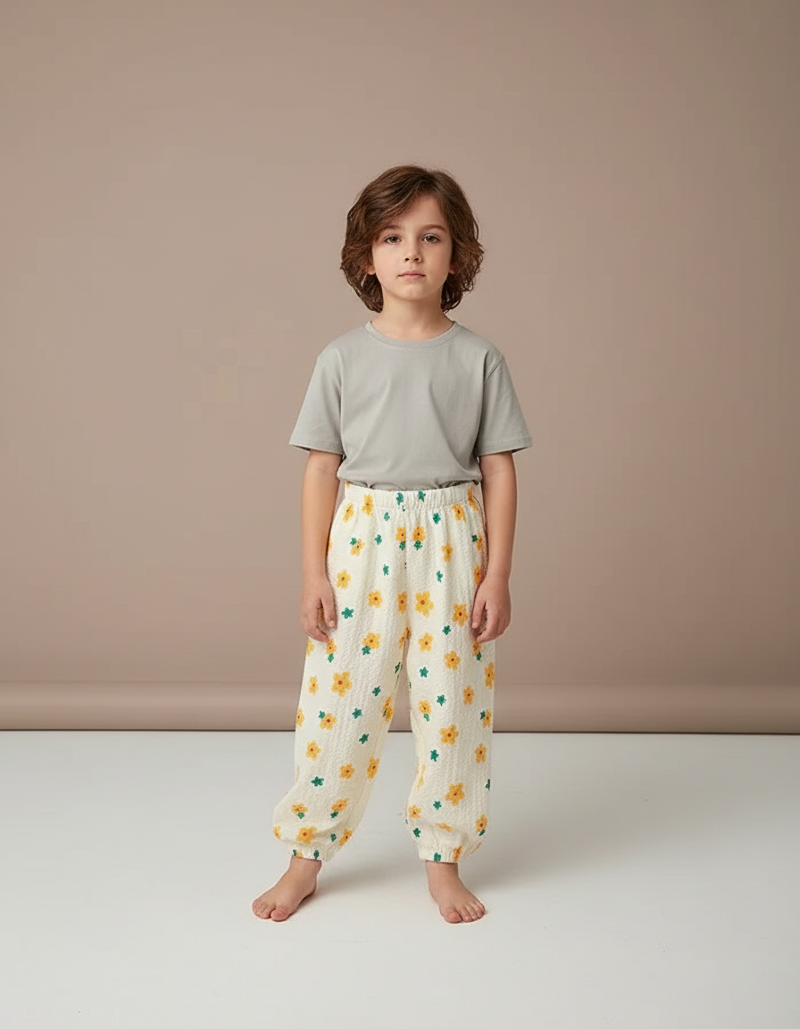 Pantalon Fluide Écru Fleuri Ample Léger Enfant - Beige Coton
