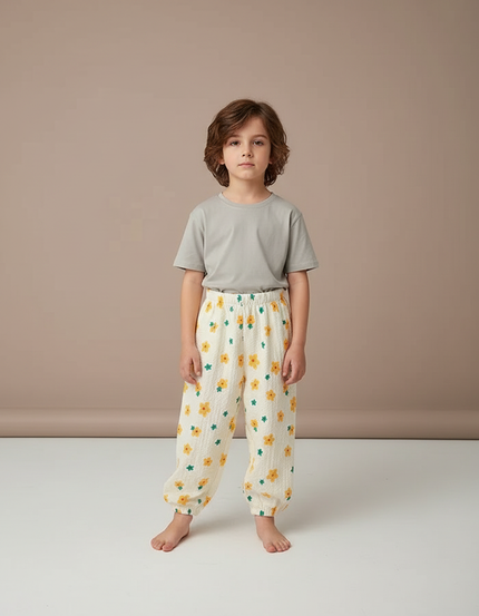 Pantalon Fluide Écru Fleuri Ample Léger Enfant - Beige Coton