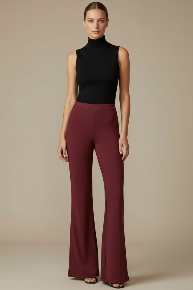 Pantalon Fluide Évasé Taille Haute Bordeaux Élégant Femme - Polyester