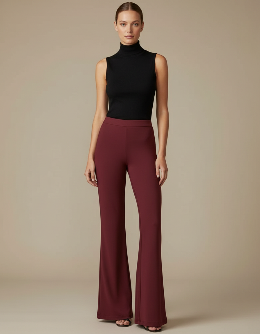 Pantalon Fluide Évasé Taille Haute Bordeaux Élégant Femme - Polyester