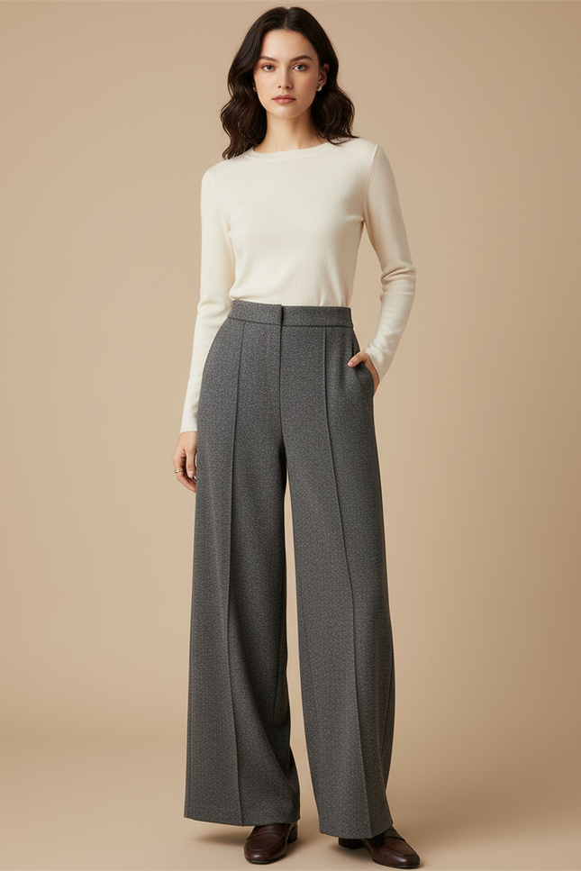 Pantalon Fluide Gris Ample Taille Haute Droit Élégant - Laine