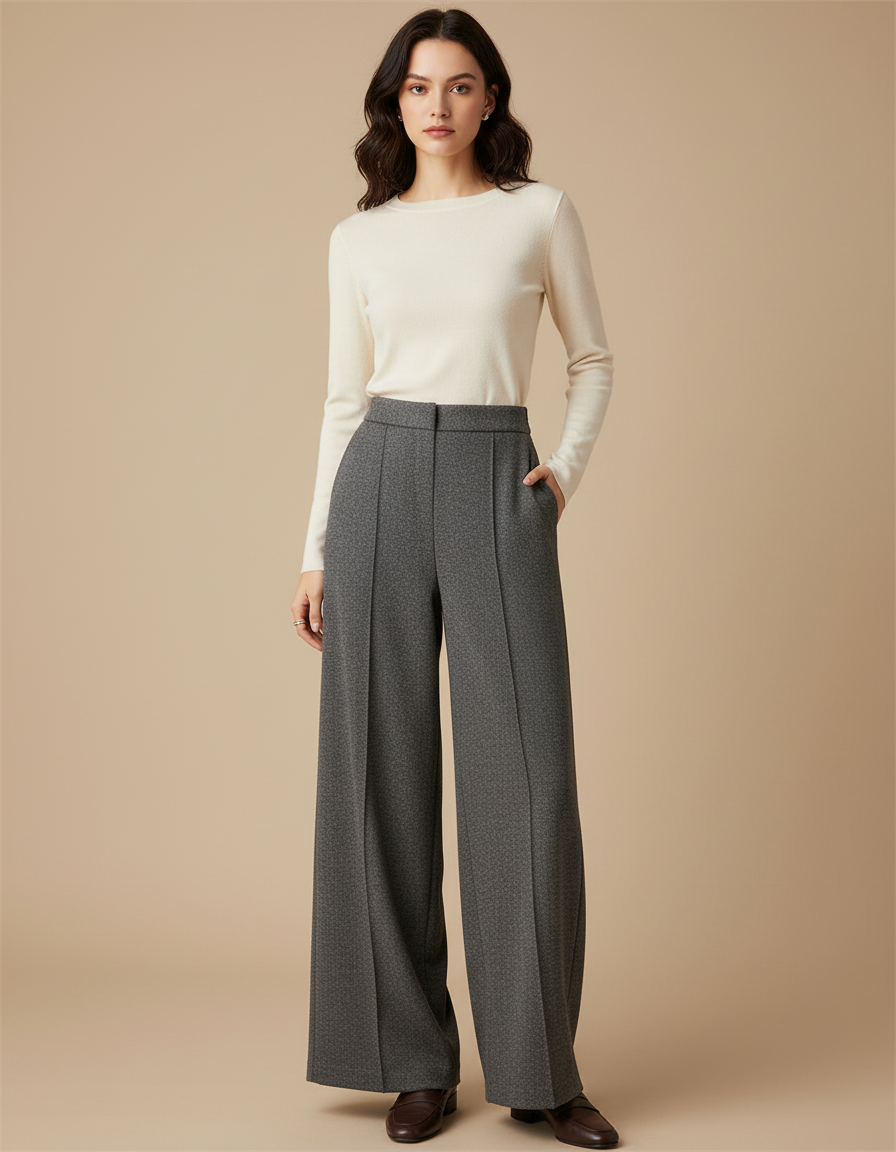 Pantalon Fluide Gris Ample Taille Haute Droit Élégant - Laine