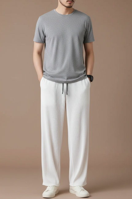 Pantalon Fluide Blanc Plissé Droit Décontracté Homme - Polyester
