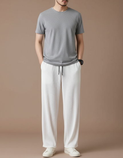 Pantalon Fluide Blanc Plissé Droit Décontracté Homme - Polyester