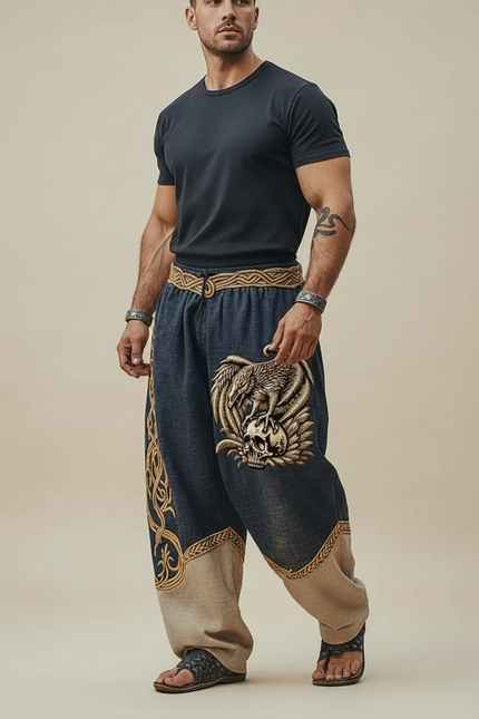 Pantalon Fluide Bicolore Ample Brodé Viking Homme - Marine Lin
