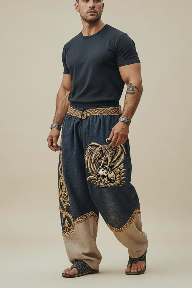 Pantalon Fluide Bicolore Ample Brodé Viking Homme - Marine Lin