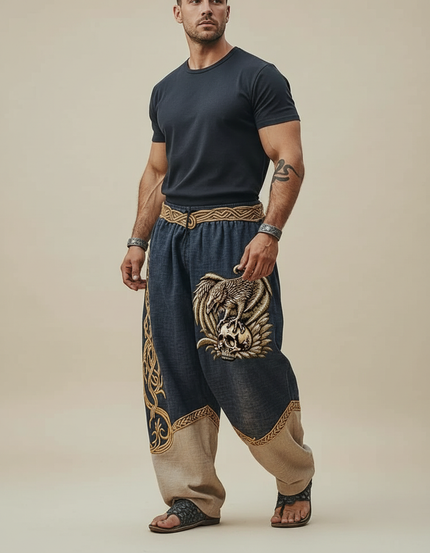 Pantalon Fluide Bicolore Ample Brodé Viking Homme - Marine Lin