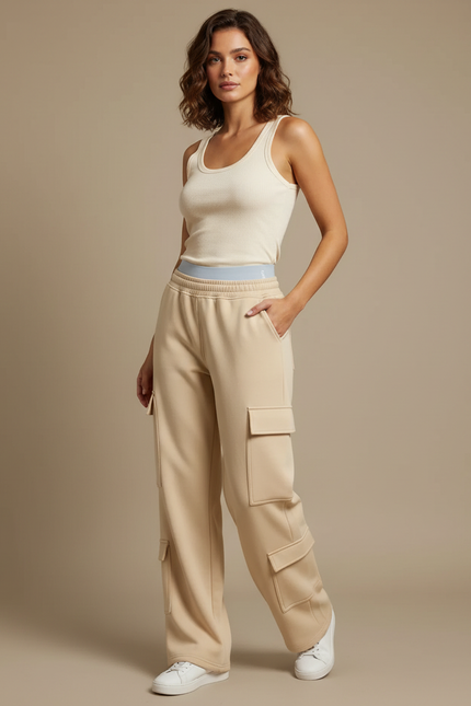 Pantalon Fluide Beige Cargo Ample Décontracté Femme - Molleton