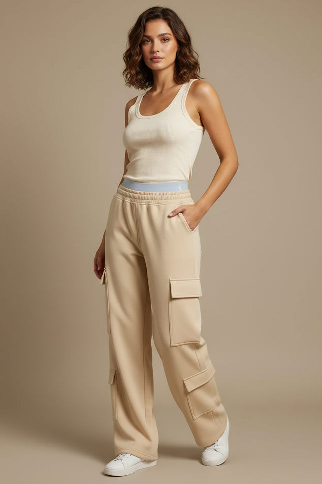 Pantalon Fluide Beige Cargo Ample Décontracté Femme - Molleton