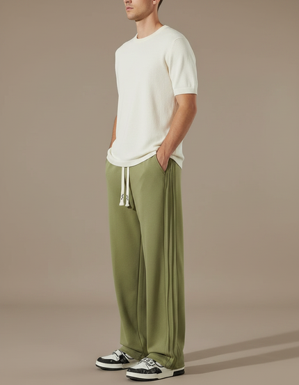 Pantalon Fluide Vert Ample Coton Plissé Décontracté Homme - Molleton
