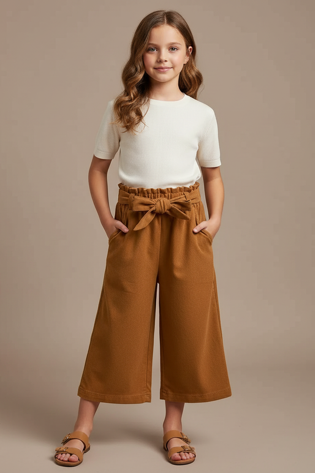 Pantalon Fluide Marron Coton Ample Taille Haute Fille - Molleton