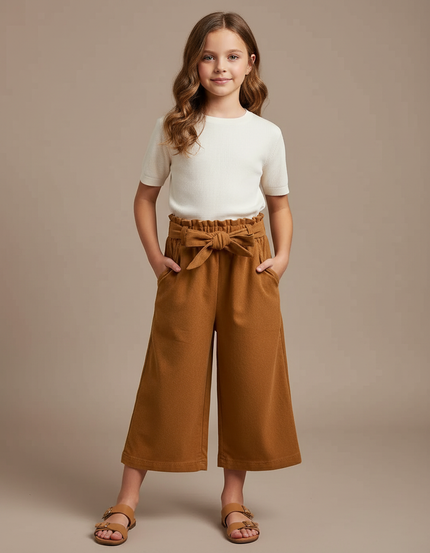 Pantalon Fluide Marron Coton Ample Taille Haute Fille - Molleton