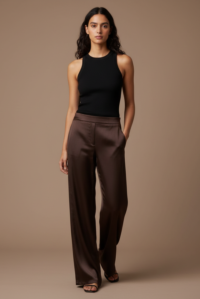 Pantalon Fluide Marron Satiné Large Élégant Femme