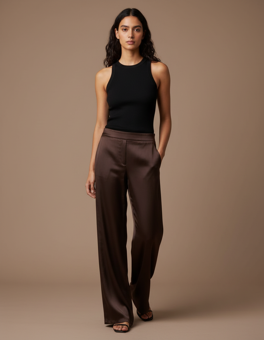 Pantalon Fluide Marron Satiné Large Élégant Femme