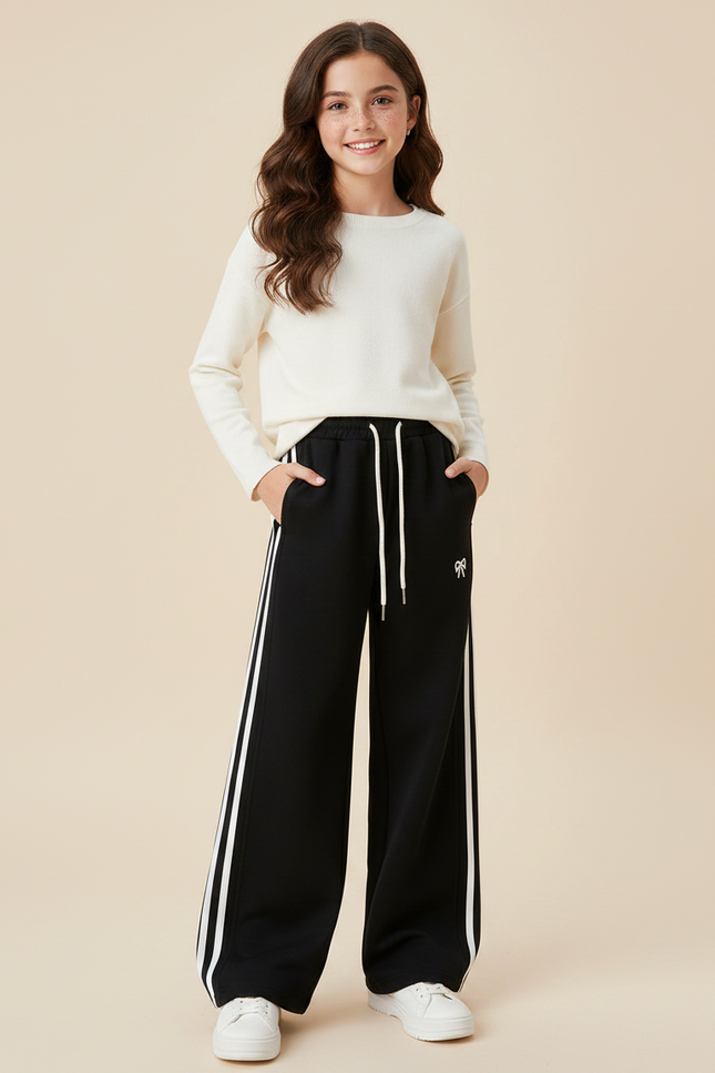 Pantalon Fluide Noir Rayures Blanches Sport Ample - Molleton