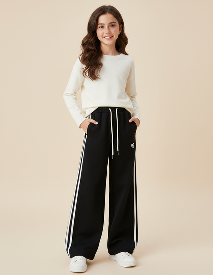 Pantalon Fluide Noir Rayures Blanches Sport Ample - Molleton