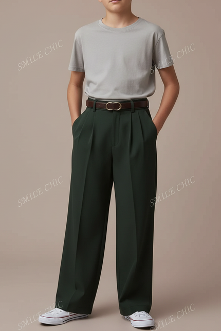 Pantalon Fluide Vert Ample Plissé Confortable Décontracté - Polyester