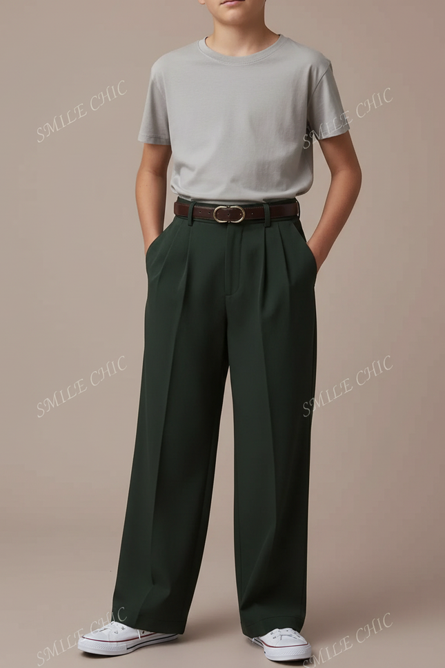 Pantalon Fluide Vert Ample Plissé Confortable Décontracté - Polyester